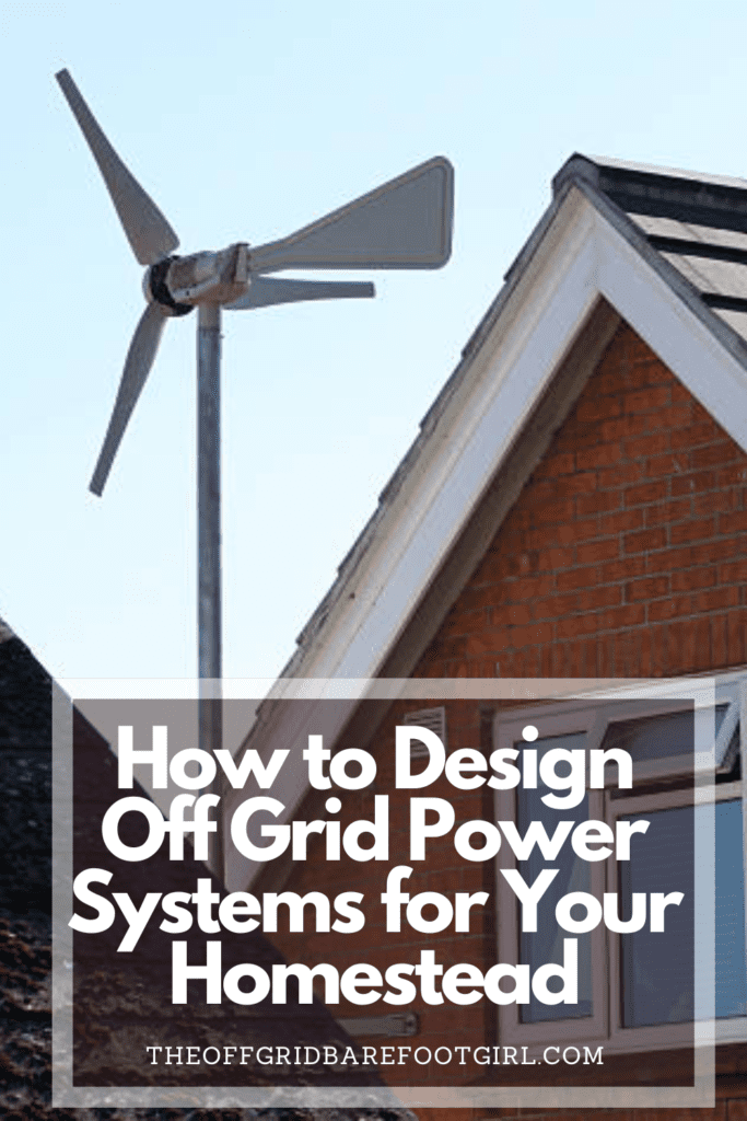 Image illustrates a Pinterest pin of a house with a wind turbine for off grid power systems. 