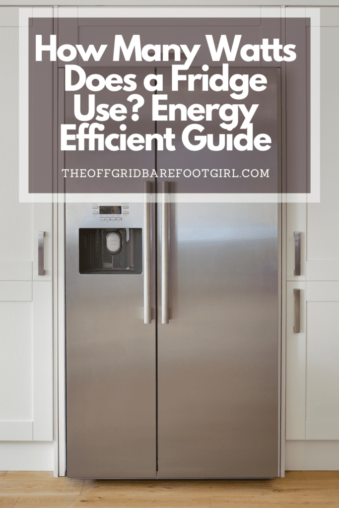 Image illustrates a Pinterest pin of a fridge demonstrating how many watts does a fridge have.