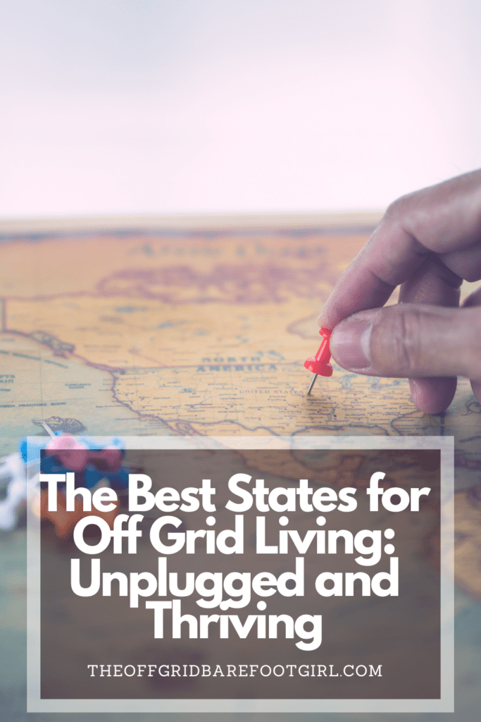 Image illustrates a Pinterest pin of the best states for off grid living. 