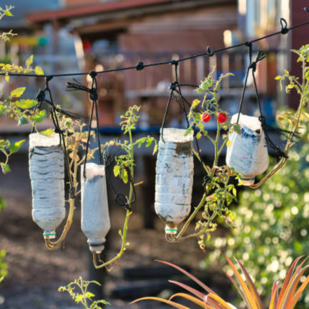 Image illustrates soda bottles for upcycled vertical gardening plants.