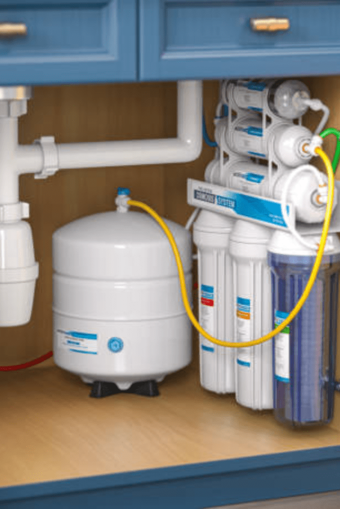 Image illustrates water filter for a whole home water purification system. 