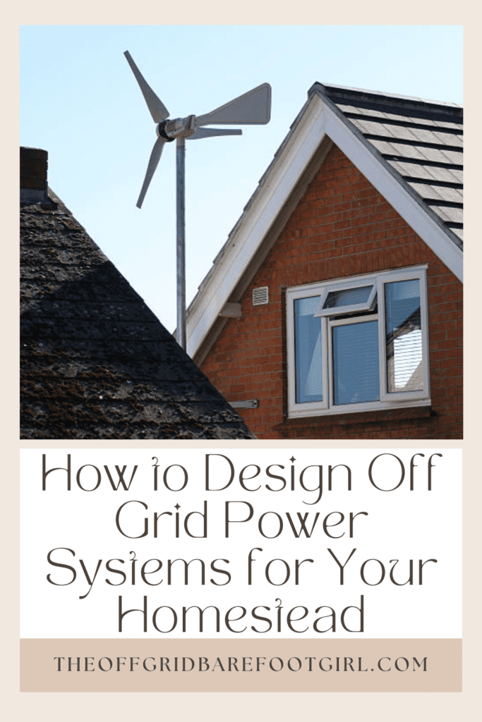 Image illustrates a Pinterest pin of a house with a wind turbine for off grid power systems. 