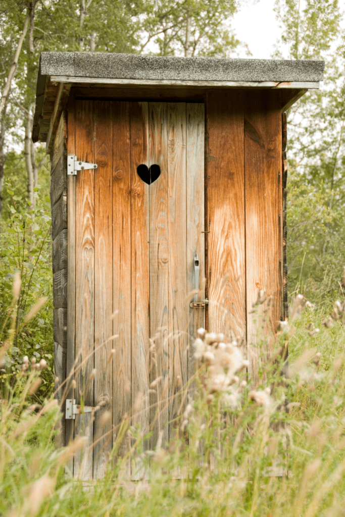 Image illustrates an outhouse with composting toilet systems.