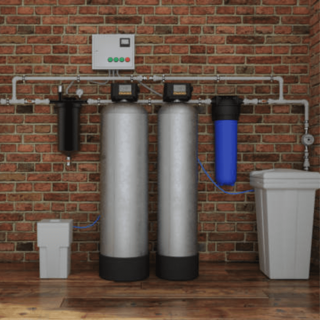 Image illustrates a whole home water purification system. 