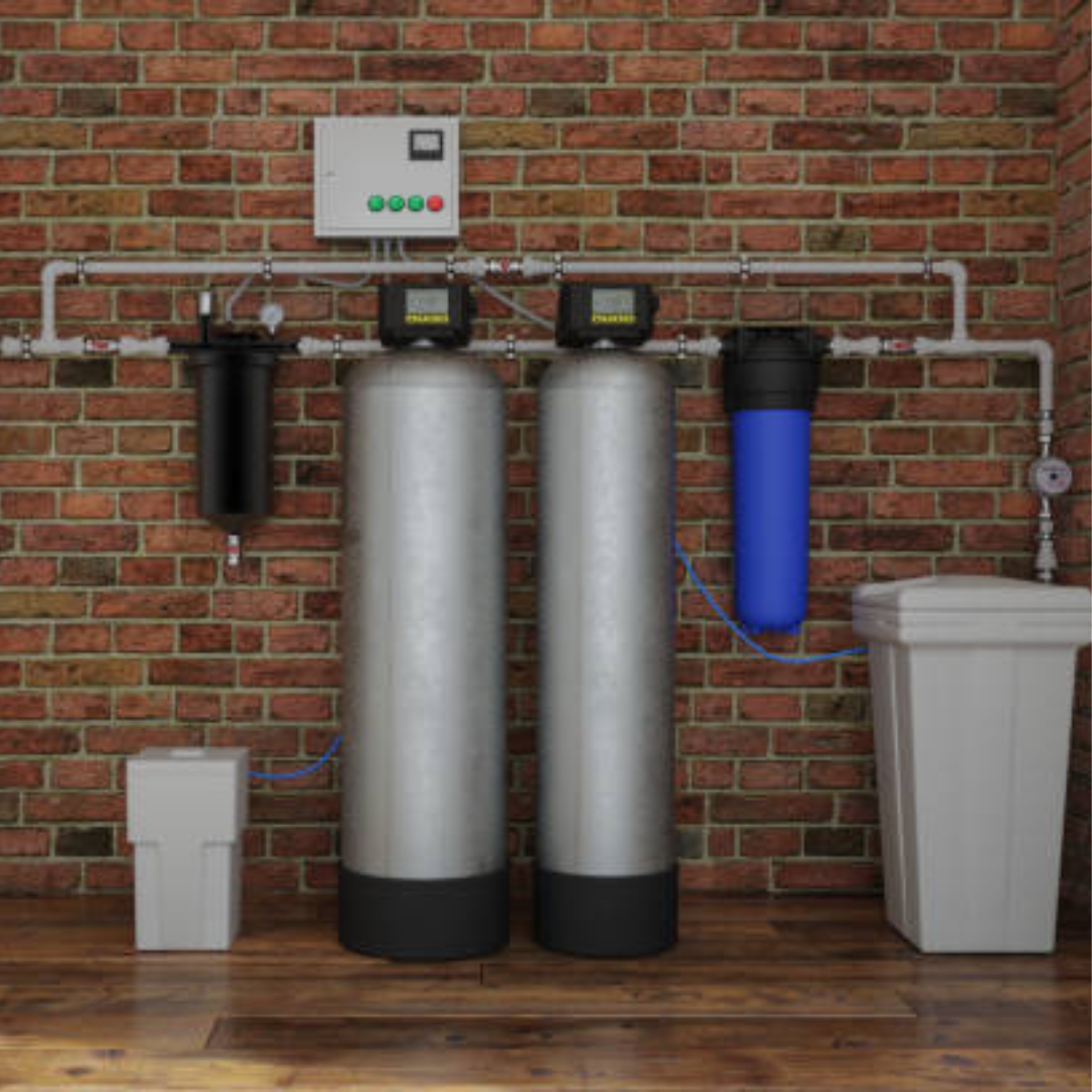 Image illustrates a whole home water purification system.