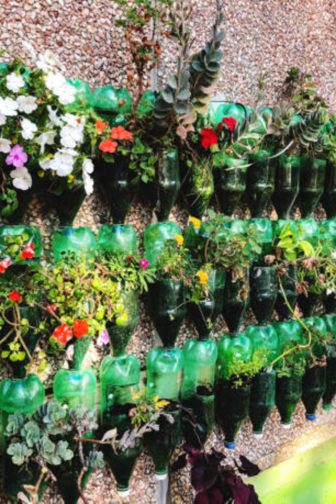 Image illustrates vertical gardening plants using soda bottles. 