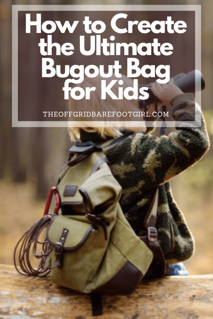 Image illustrates a Pinterest pin of bugout bags for kids.