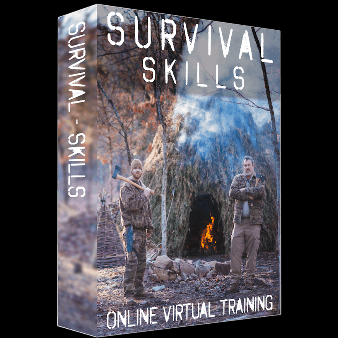 Image illustrates the survival skills training course with Robert Allen, master survivalist.