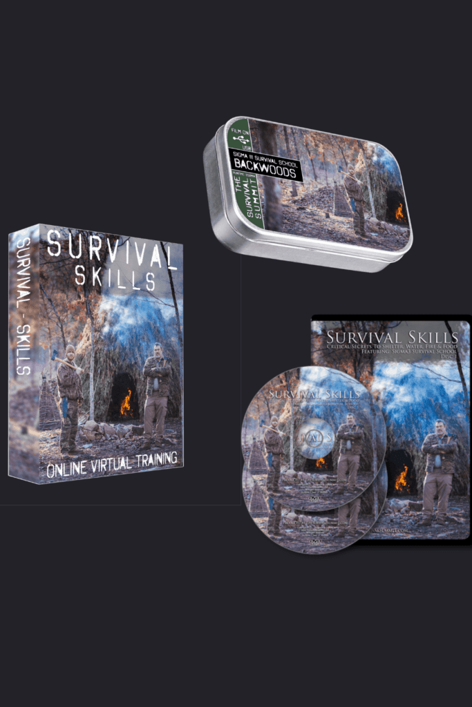 Image illustrates survival skills training course with Robert Allen. 