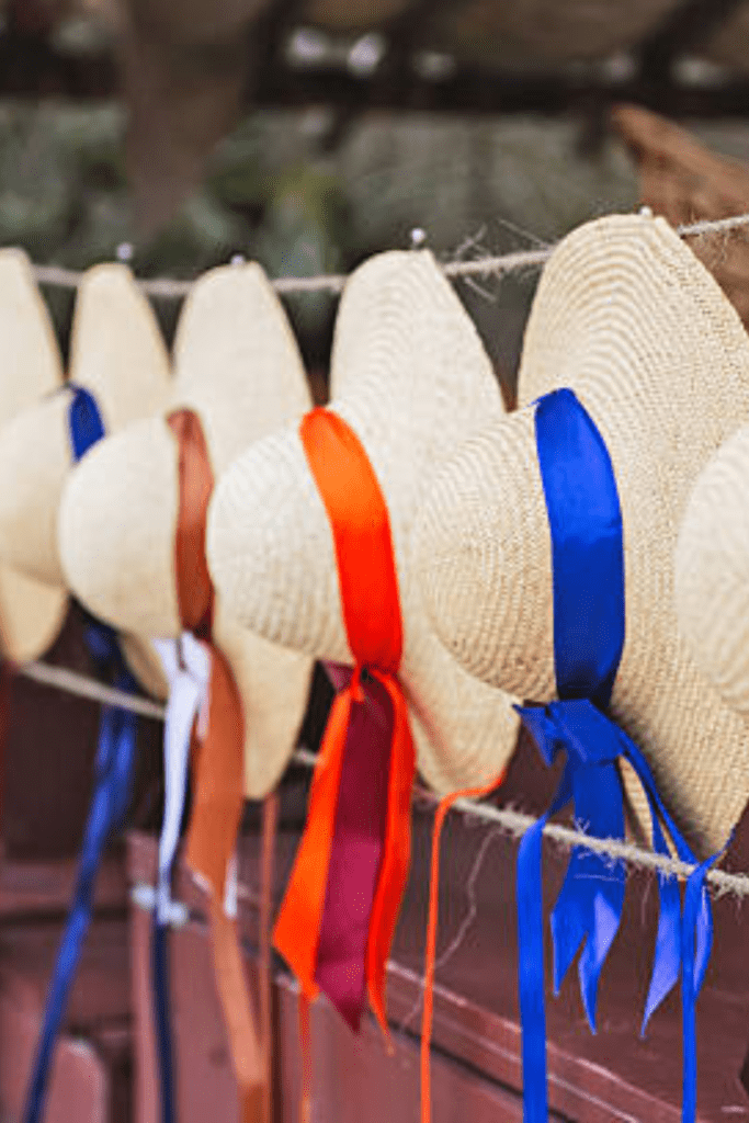 Image illustrates Amish hats at an Amish market.