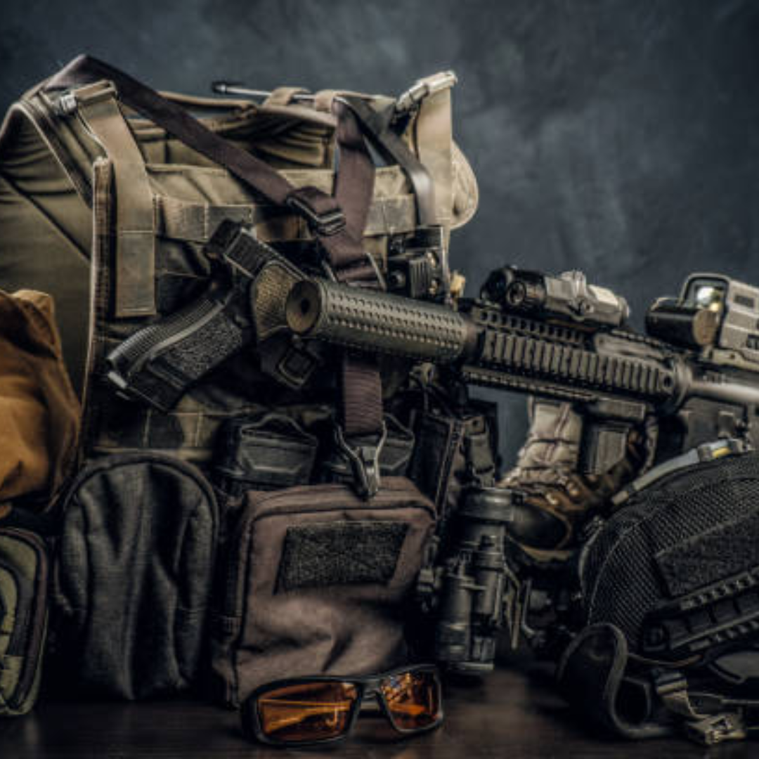 Image illustrates survivalist gear.