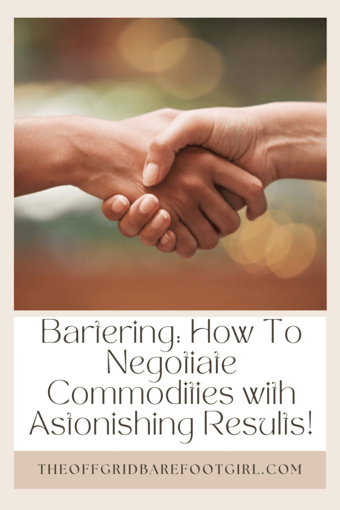 Image illustrates a Pinterest pin of handshakes for bartering. 