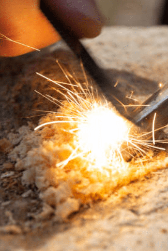 Image illustrates a ferro rod ignited fire. 