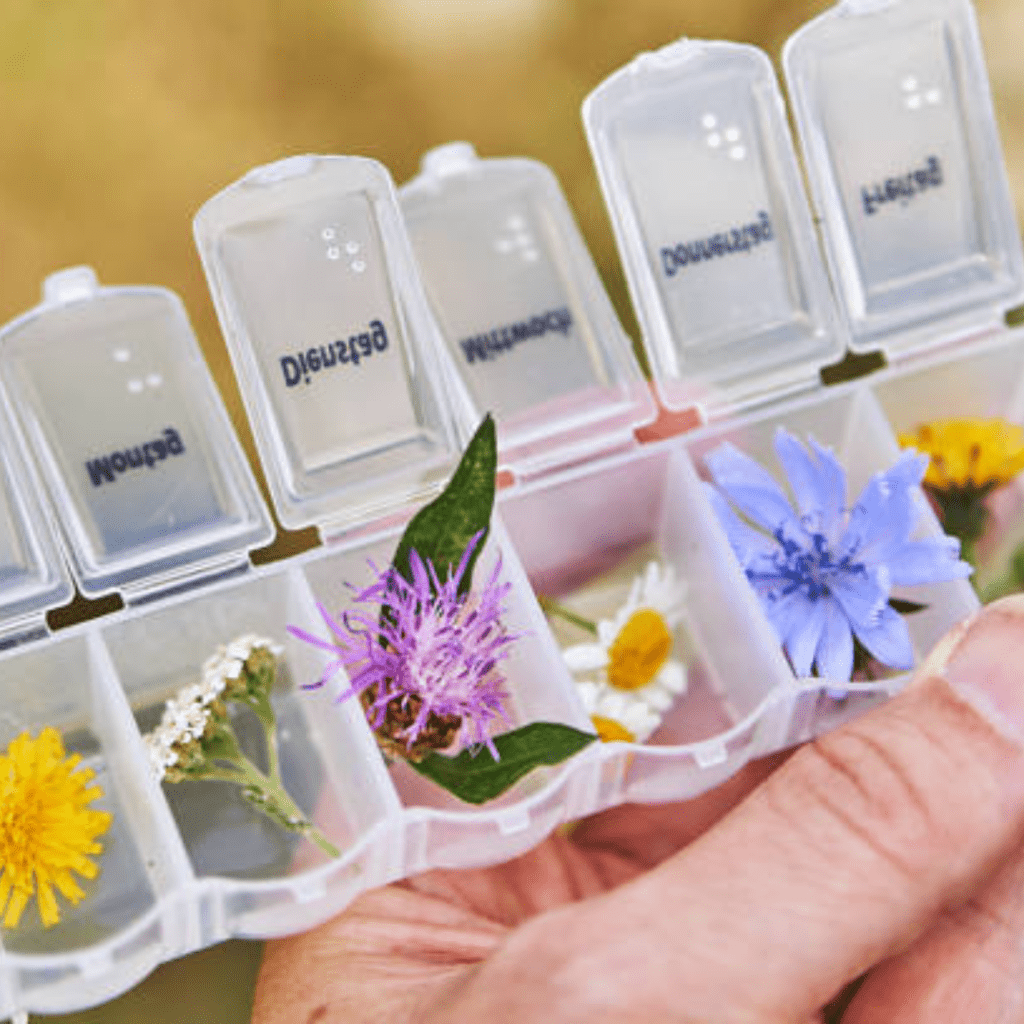 Image illustrates flowers in a pill box for holistic health nutrition information from The Off Grid Barefoot Girl.