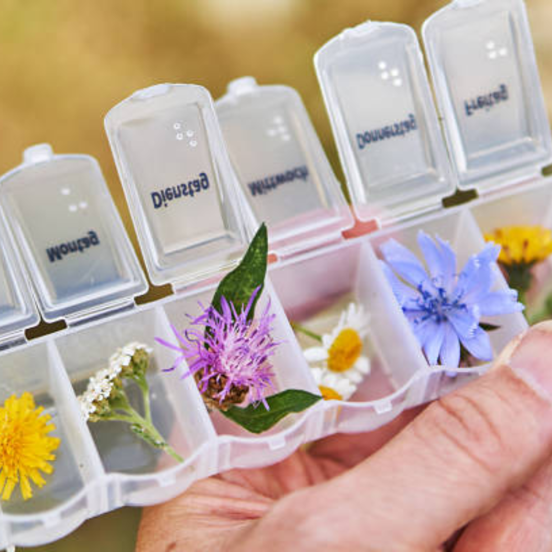 Image illustrates flowers in a pill box for holistic health nutrition information.