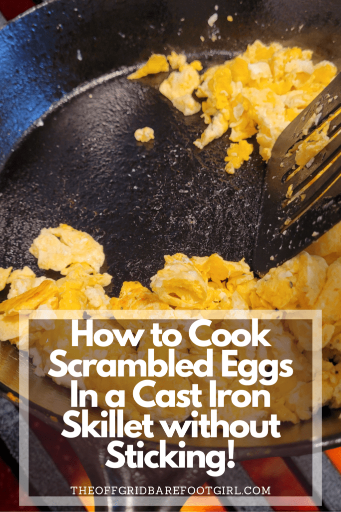 Image illustrates a Pinterest pin of scrambled eggs in a cast iron skillet.