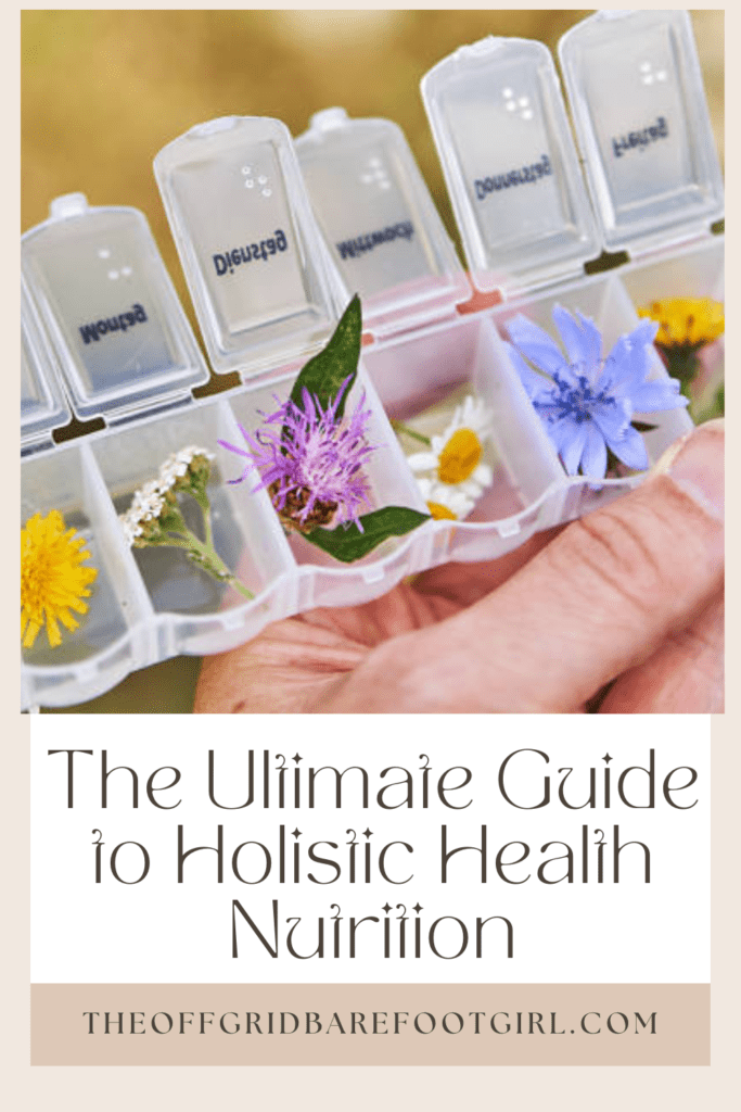 Image illustrates a Pinterest pin of flowers in a pill box for holistic health nutrition information.