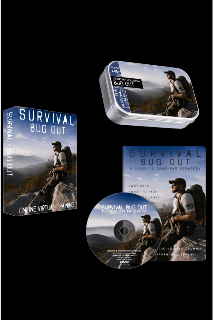 Image illustrates survival bugout bags. 