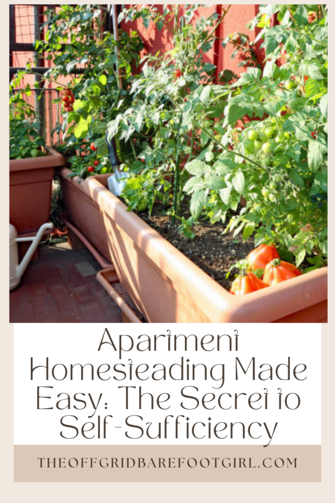 Image illustrates a Pinterest pin of a garden on a balcony demonstrating apartment homesteading.