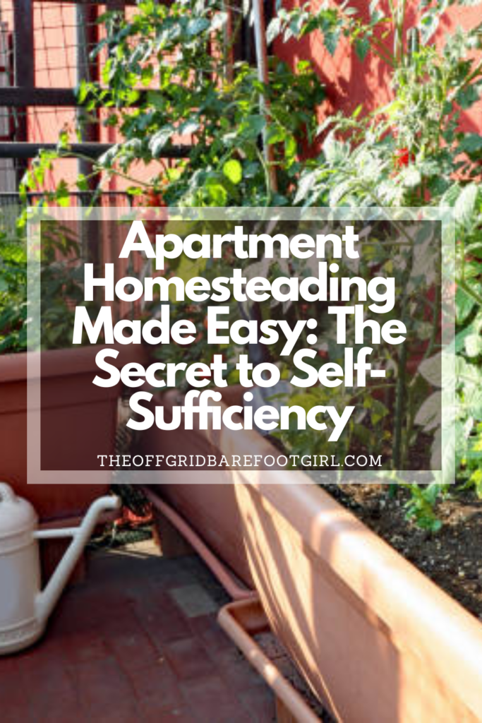 Image illustrates a Pinterest pin of a garden on a balcony demonstrating apartment homesteading.