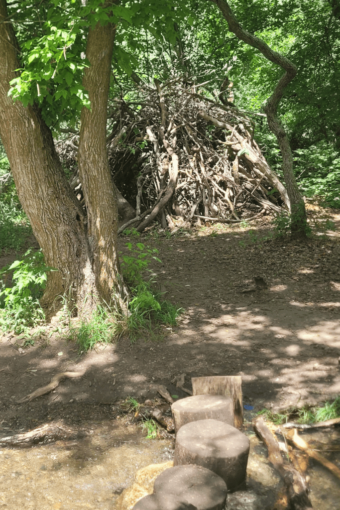 Image illustrates a survival hut into the woods.