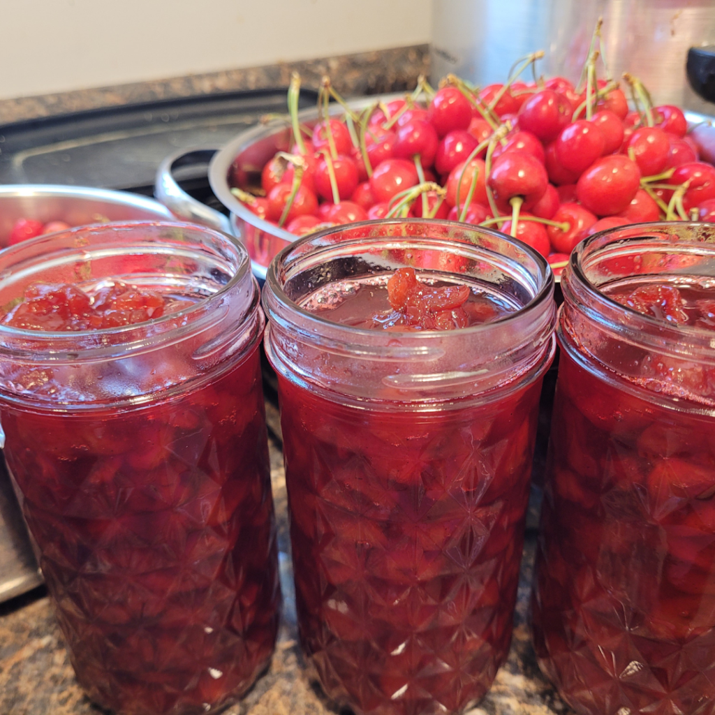 Image illustrates canning whole cherries.
