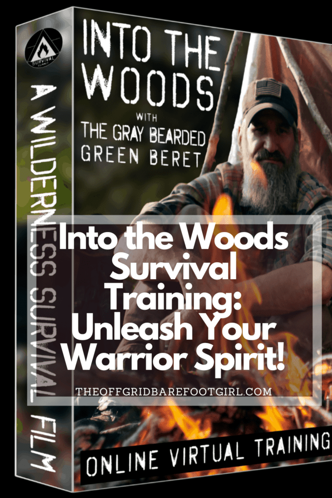 Image illustrates a Pinterest pin of into the woods survival training with The Gray Bearded Green Beret.