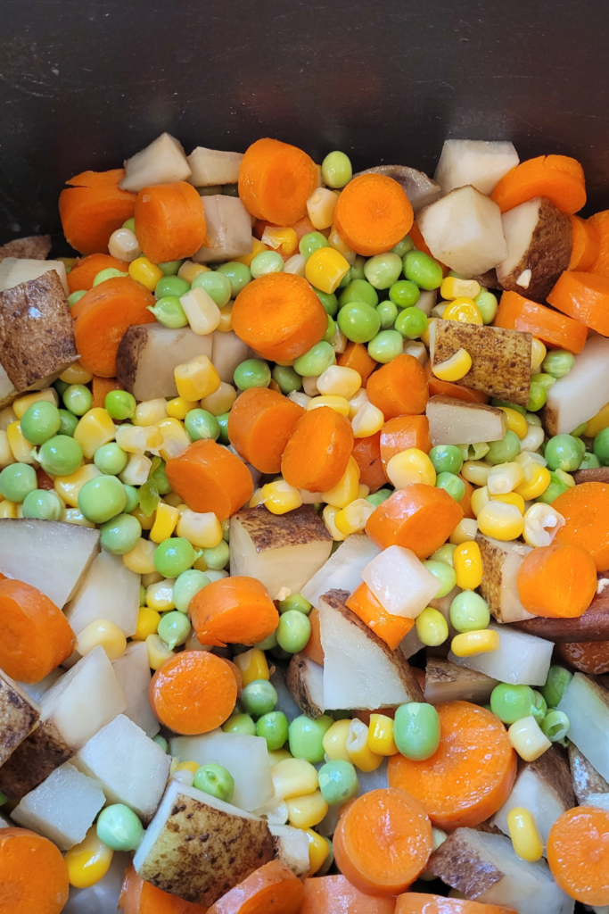 Image illustrates vegetable pot pie filling.