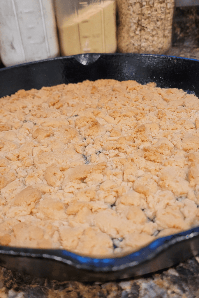 Image illustrates blueberry cobbler. 