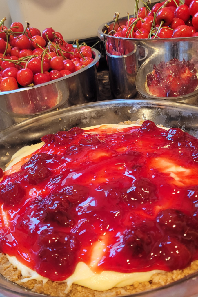 Image illustrates cherry cheesecake.