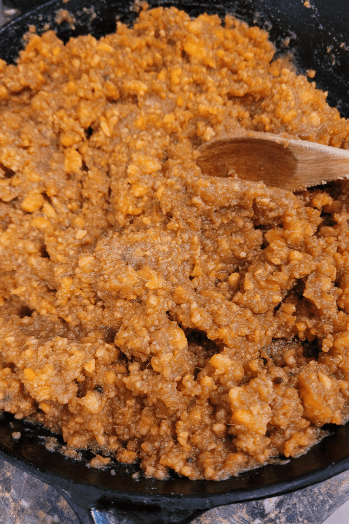 Image illustrates mashed sweet potatoes for sweet potato casserole recipe.