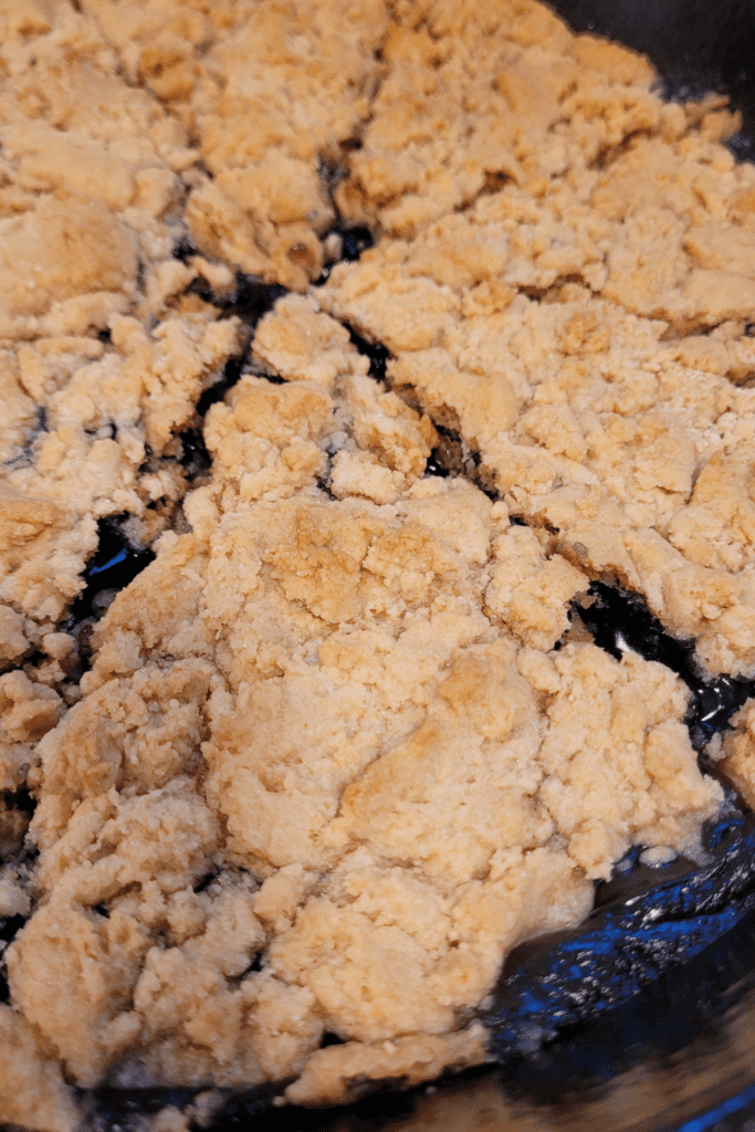 Image illustrates blueberry cobbler. 