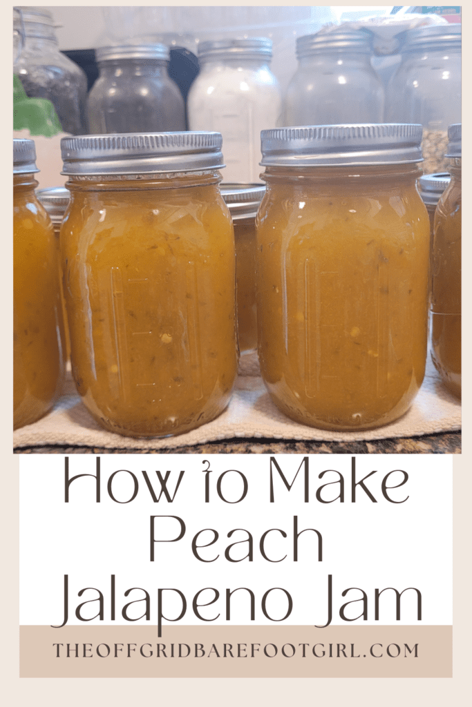 Image illustrates a Pinterest pin of peach jalapeno jam.