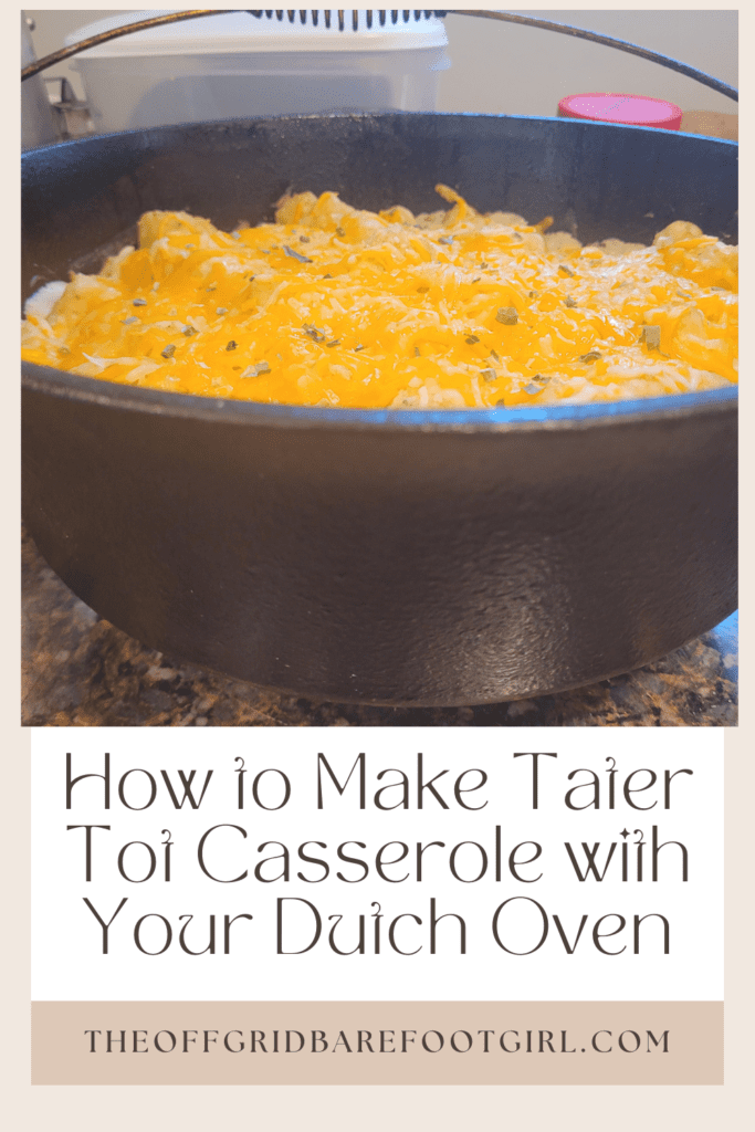 Image illustrates a Pinterest pin of tater tot casserole in a Dutch oven.