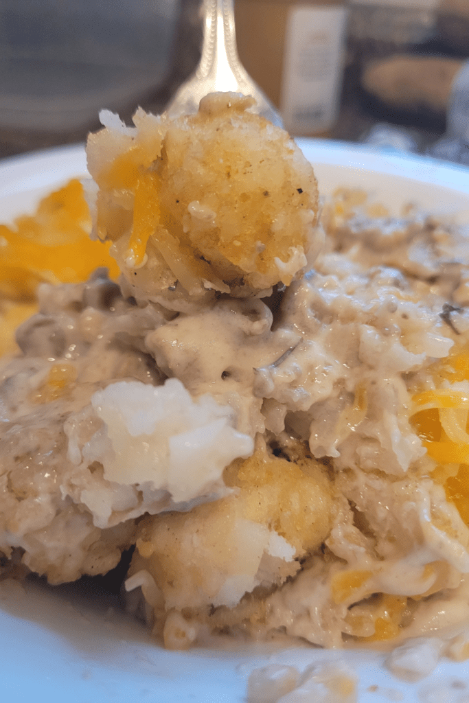 Image illustrates tater tot casserole on a plate and fork.