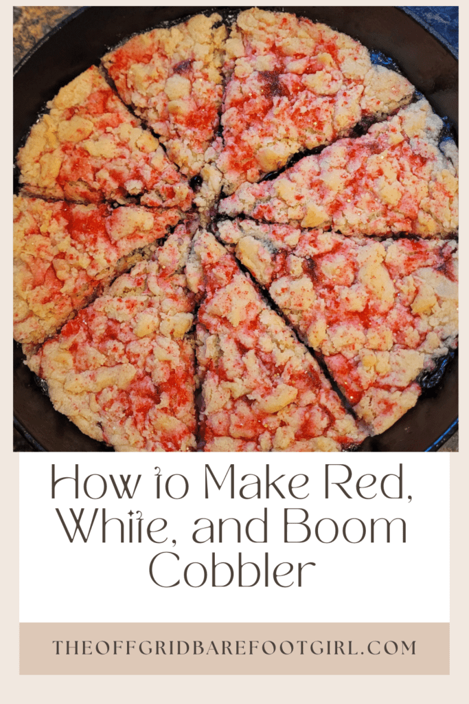Image illustrates a Pinterest pin of red, white, and boom cobbler for the 4th of July.