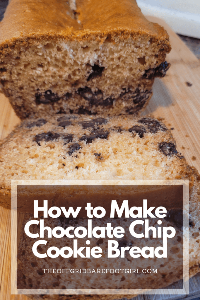 Image illustrates a Pinterest pin of chocolate chip cookie bread.