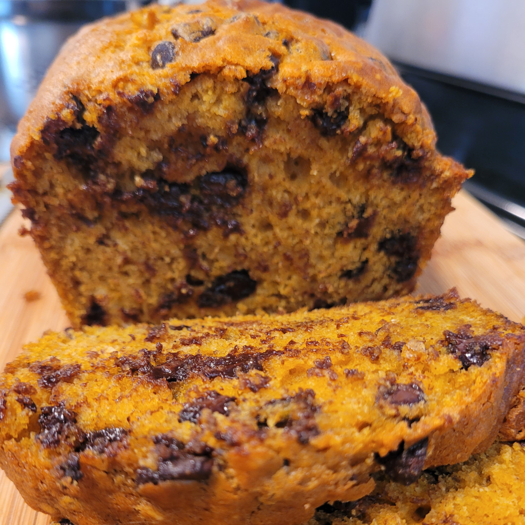 Image illustrates chocolate chip pumpkin bread.