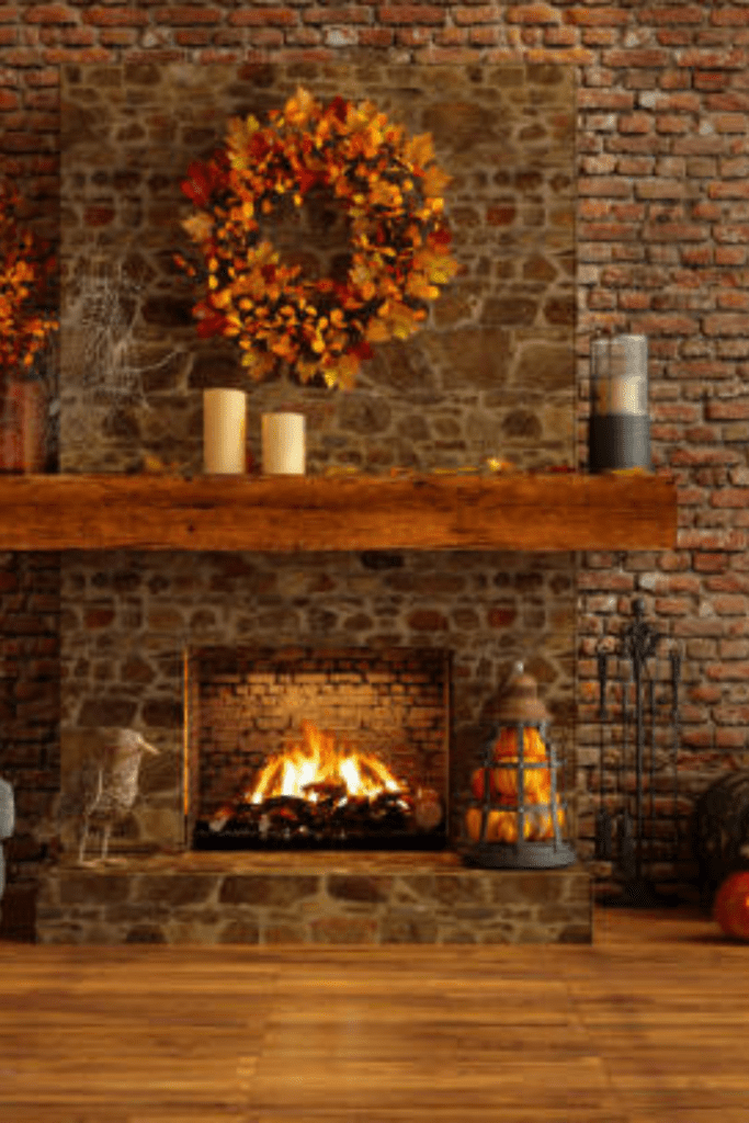 Image illustrates a fireplace in a cozy home.