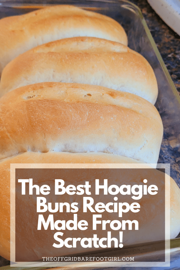 Image illustrates a Pinterest pin of hoagies for a hoagie buns recipe.