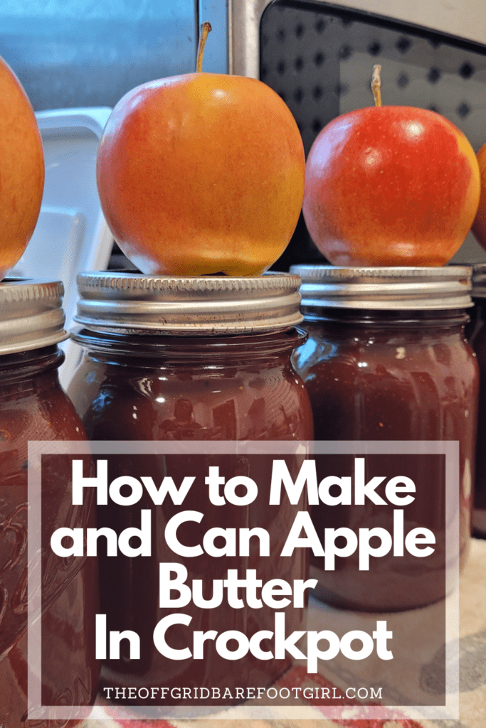 Image illustrates a Pinterest pin of apple butter in crockpot.
