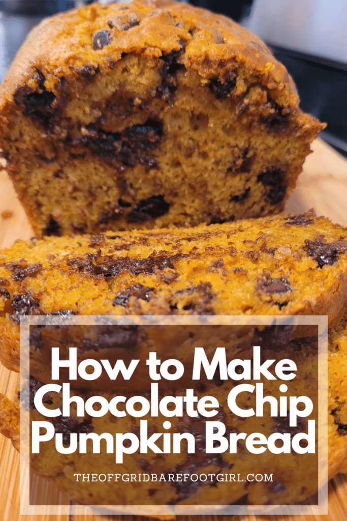 Image illustrates a Pinterest pin of chocolate chip pumpkin bread. 