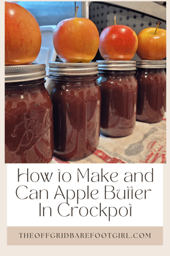 Image illustrates a Pinterest pin of apple butter in crockpot.