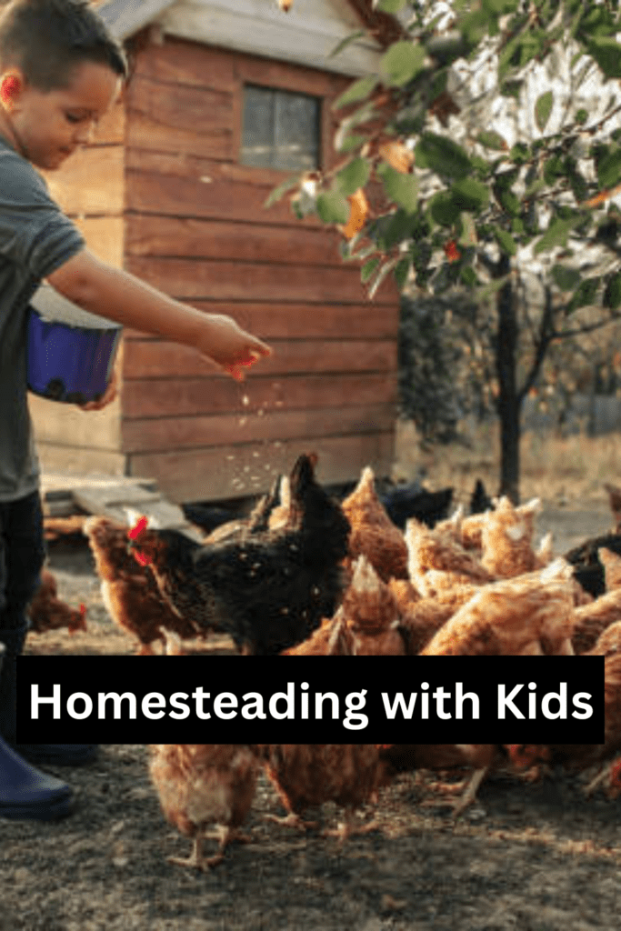 Image illustrates homesteading with kids.