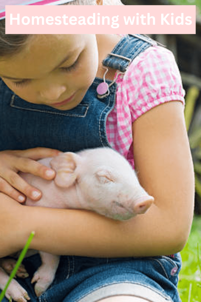 Image illustrates homesteading with kids.
