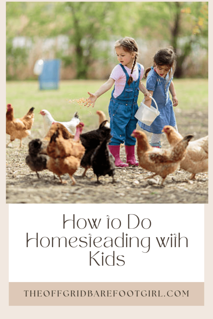 Image illustrates a Pinterest pin of homesteading with kids.