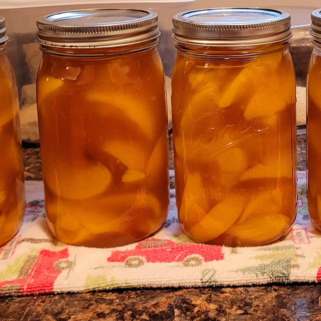 Image illustrates peach pie filling.