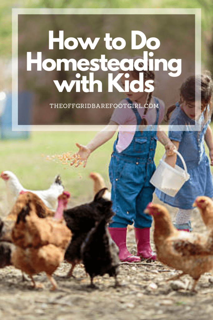 Image illustrates a Pinterest pin of homesteading with kids.

