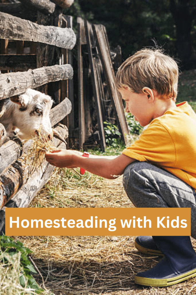 Image illustrates homesteading with kids.