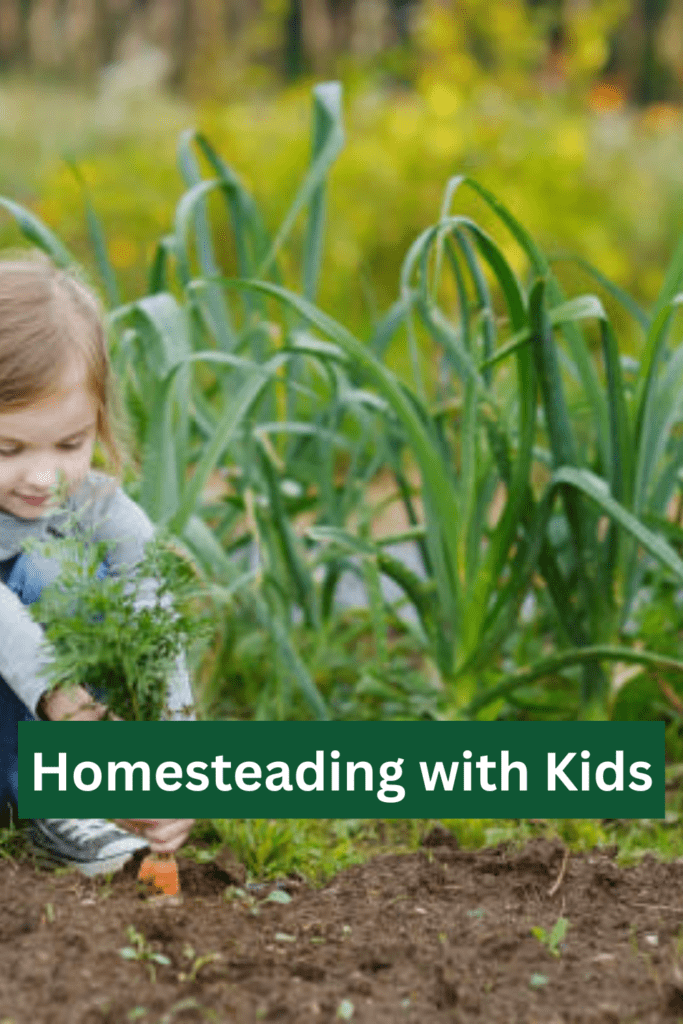 Image illustrates homesteading with kids.